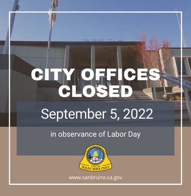 Sept 5 2022 offices closed in obs. of Labor Day image of city hall and front steps