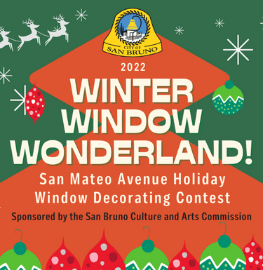 Image of a holiday tree with reindeers flying and text for Winter Window Wonderland