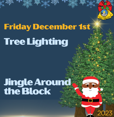 Image of tree with santa in front of it and text