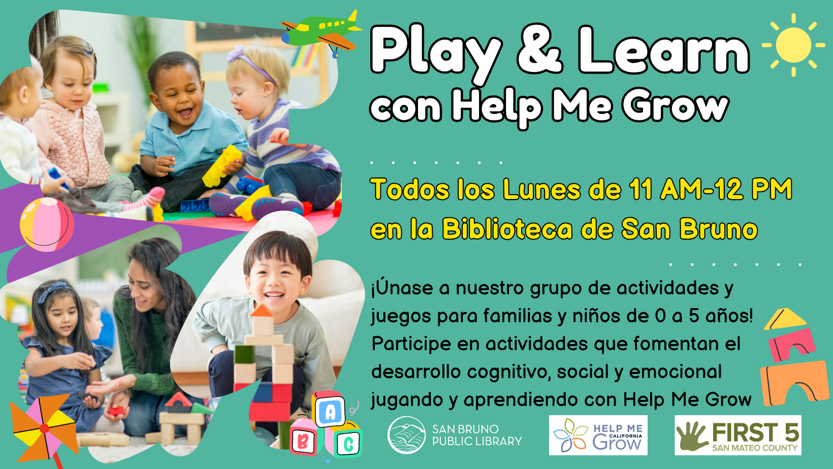 Play based activity group at the Library for families and children ages 0-5, Mondays 11 AM-12 PM 
