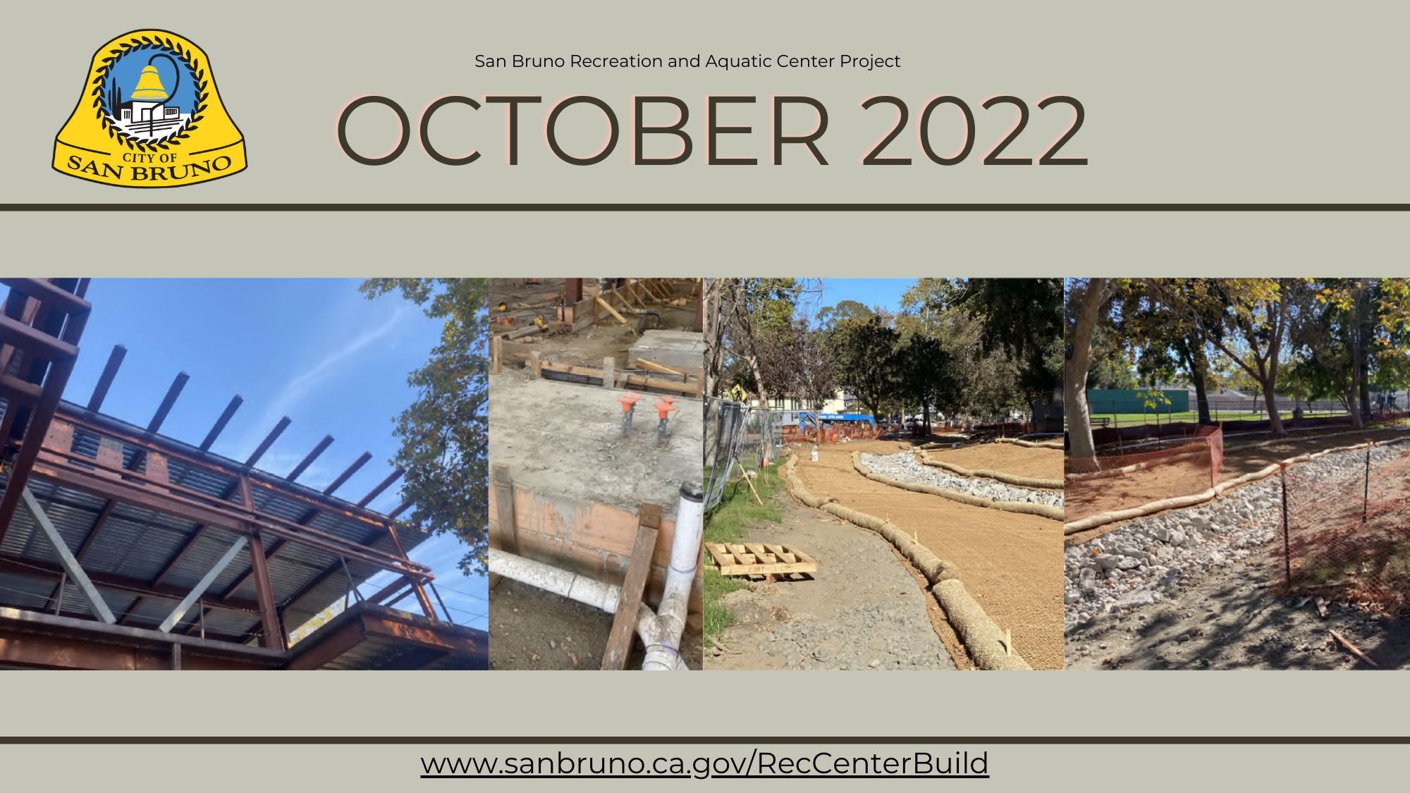 Image of steel structure and rock creek bed under construction at the Recreation and Aquatic Center 