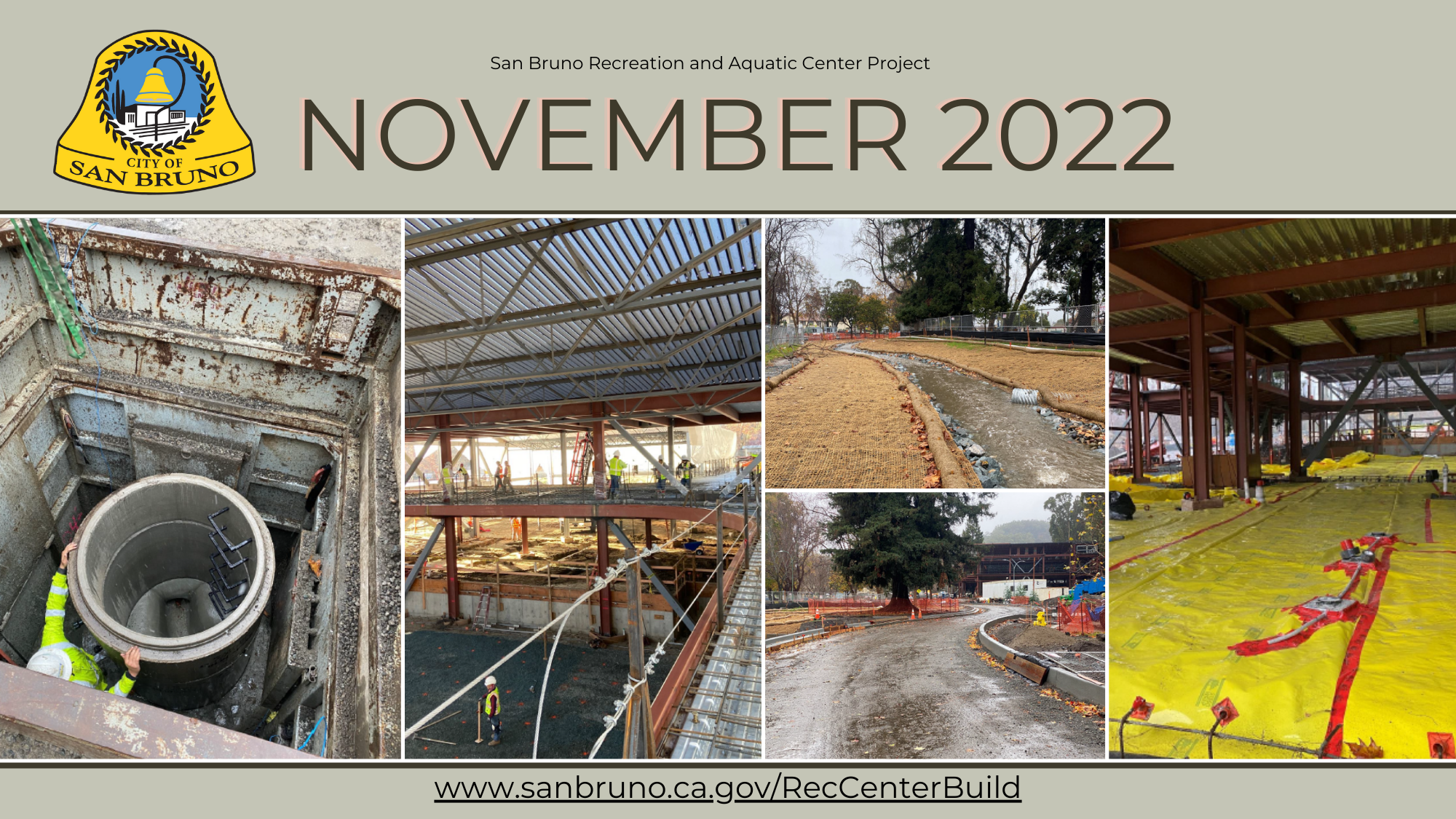 Construction Images of large pipe, workers working on steel frame of building, and road realignment.