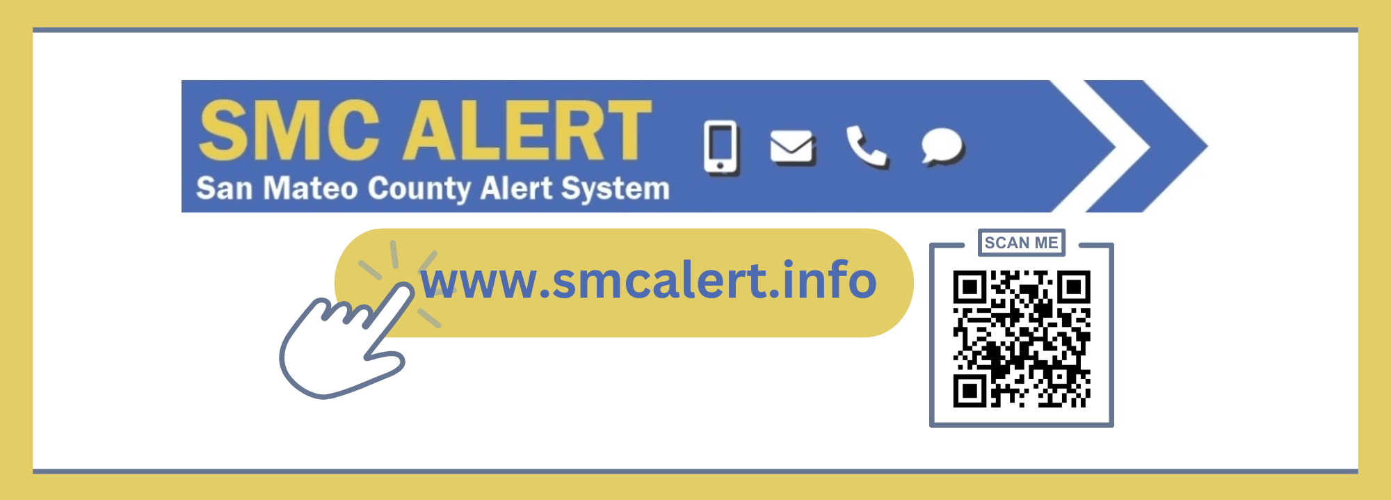 Image of hand pointing to register at www.smcalert.info with text and QR code Opens in new window
